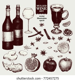 Mulled Wine and spices, orange, apple, pomegranate, cinnamon, carnation, anise, vanilla, clove, ginger Hand drawn vector vintage Illustrations Set in sketch style Winter drink