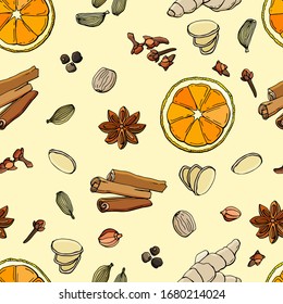 Especias de vino a la parrilla, sin fisuras. Naranja, cloves, cilantro, cardamomo, anís, canela, jengibre, nuez moscada, pimienta negra. Ilustración de estilo caricatura. Ilustración de material. 