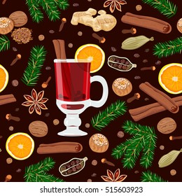 Mulled wine spices seamless pattern vector set with glass of drink, all ingredients. zest, cloves, nutmeg, star anise, sugar, cinnamon, citrus, cardamom, ginger, green fir twigs. Known as gluhwein