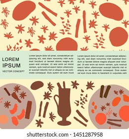 Mulled wine spices silhouette textured background with text. Vector