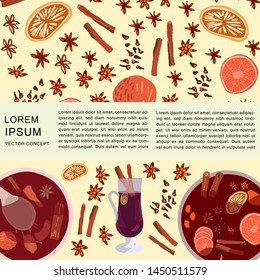 Mulled wine spices textured background with text
