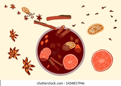 Mulled wine spices thrown into pot hand drawn color illustration. Holiday composition with decorations. Flat style illustration. Festive greeting card, banner, poster sketch design. Vector