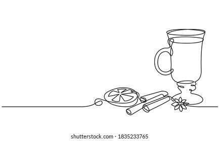 Mulled wine. Still life.  Sketch. Draw a continuous line. Decor.  Glass of wine and cinnamon, anise, citrus. Christmas drink.