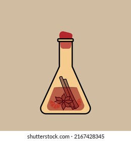Mulled wine in a test tube in a flat style. Orange, cinnamon and wine. Vector graphics.