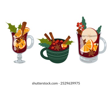 Vinho moído. Uma bebida tradicional quente de Natal. Uma bebida saborosa de inverno. Conjunto de xícaras com gluhwein. Ilustração plana sobre fundo branco.