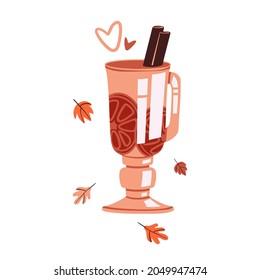 Dibujo vectorial a la moda del vino a la parrilla en un estilo moderno. Bebida caliente en taza de café de vidrio con mango. Ambiente de invierno otoñal en cálidos colores de terracota. Caer hojas. Elementos aislados sobre fondo blanco