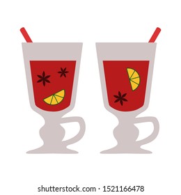 Mulled wine in two glasses with slice of lemon and cinnamon. Christmas. New Year. Isolated on white background. Vector illustration