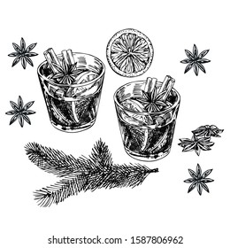 Mulled wine for two with spruce twig, anise seeds, cinnamon, orange. Line art style.
