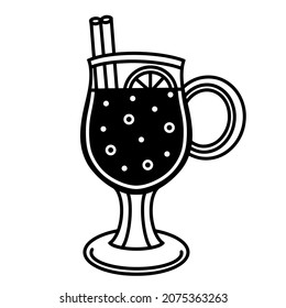 Mulled wine vector icon. Hand drawn doodle. Alcoholic drink in a glass with orange, cinnamon. Spicy cocktail sketch. Black and white concept for decoration, design of cards, invitations, labels, menus
