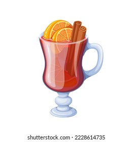 Mulled wine vector illustration. Cartoon isolated glass cup with handle, hot alcohol drink and spices, cinnamon sticks and orange slices, wine cocktail for Christmas season in cafe or bar menu