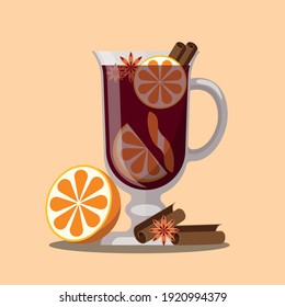 Mulled Wine vector Illustration. Garnish of orange, cinnamon, anise, orange peel.