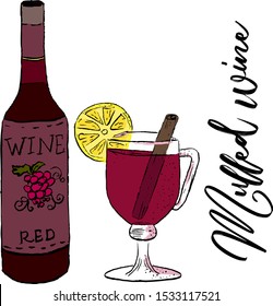 Mulled wine vector illustration. Hot beverage for cold weather, spicy drink, wine