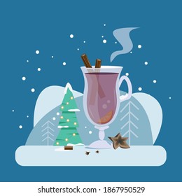 Mulled wine vector illustration. Hot wine. Snowflakes, snow and christmas tree. Christmas card. Christmas blue background. Cute winter illustration 