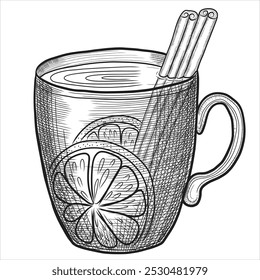 Mulled wine vector illustration in sketch style. Hand drawn line art illustration of traditional spiced wine Christmas drink. Classic holiday punch.