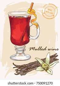 Mulled wine vector illustration with vanilla sticks and stamp made with love