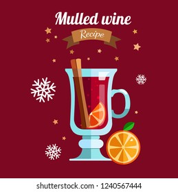 Mulled  wine   vector illustration .  Winter season Hot drink with ingredients. Flat style. Isolated objects. Christmas and New Year design concept