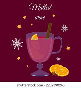 Ilustración vectorial de vino asado. Temporada de invierno Bebida caliente con ingredientes. Estilo plano. Objetos aislados. Concepto de diseño de Navidad y Año Nuevo