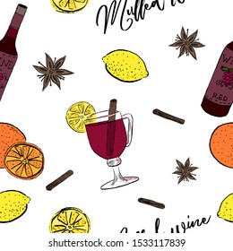 Mulled wine vector pattern. Hot beverage for cold weather, spicy drink, wine