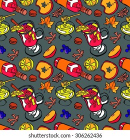 Mulled wine. Vector seamless illustration of wine, hot mulled wine, spices, fruits, honey and autumn leaves.