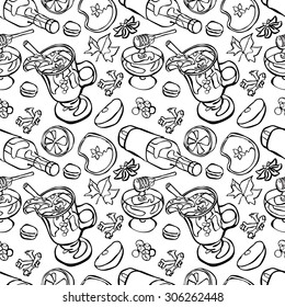 Mulled wine. Vector seamless illustration of wine, hot mulled wine, spices, fruits, honey and autumn leaves.