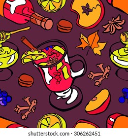 Mulled wine. Vector seamless illustration of wine, hot mulled wine, spices, fruits, honey and autumn leaves.