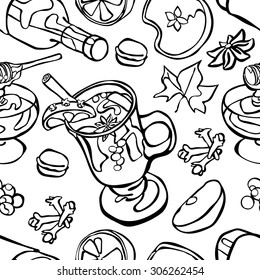 Mulled wine. Vector seamless illustration of wine, hot mulled wine, spices, fruits, honey and autumn leaves.