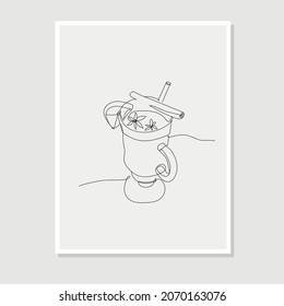 A Mulled Wine, wall line art. Vector black and white continuous line drawing of glass with hot mulled wine. Poster for printing. Hot winter drink, sea buckthorn tea. Isolated linear illustration