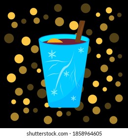 Mulled wine warming drink in a blue glass with ice patterns and snowflakes on a background of blurry shining lights garlands concept of the cold season and winter holidays