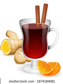 Mulled wine in the wineglass with cinnamon sticks, ginger and orange. Realistic vector illustration for Christmas and new year design 
