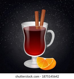 Mulled wine in the wineglass with cinnamon sticks and orange on blackboard background. Realistic vector illustration for Christmas and new year design 
