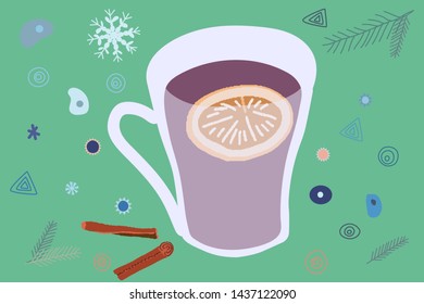 Mulled wine and winter decor hand drawn color illustration. Holiday composition with decorations. Flat style illustration. Festive greeting card, banner, poster sketch design. Vector