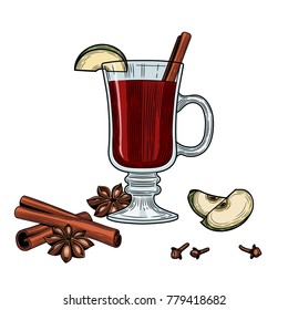 Mulled wine. Winter drink. Christmas. The individual ingredients. Starlet anise, cinnamon sticks, apple, wine, cloves. Black and white outline.