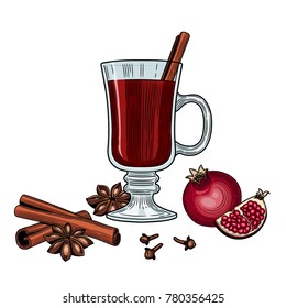 Mulled wine. Winter drink. Christmas. The individual ingredients. Starlet anise, cinnamon sticks, pomegranate, wine, cloves. Black and white outline.