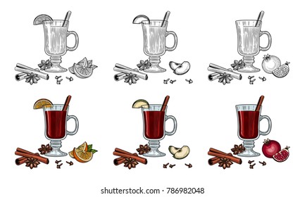 Mulled wine. Winter drink. The individual ingredients. Starlet anise, cinnamon sticks, cloves, orange, apple, pomegranate, wine. Black and white outline.