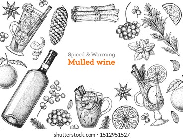 Mulled wine, winter hot drink. Hand drawn sketch. Vector illustration. Christmas invitation design template. Sketch collection. Christmas bar menu. Mulled wine and tea.