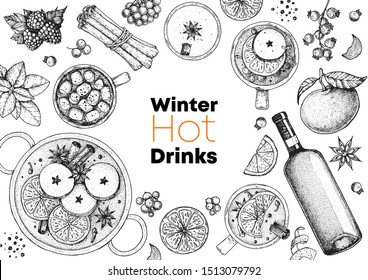 Mulled wine, winter hot drink. Hand drawn sketch. Vector illustration. Christmas invitation design template. Sketch collection. Christmas bar menu. Mulled wine, coffee and tea.