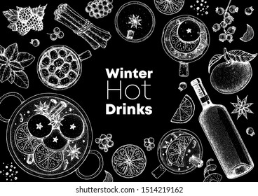 Mulled wine, winter hot drink. Hand drawn sketch. Vector illustration. Christmas invitation design template. Sketch collection. Christmas bar menu. Mulled wine, coffee and tea.