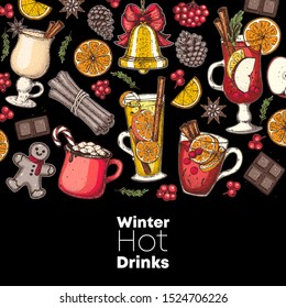 Mulled wine, winter hot drink.  Hand drawn. Vector illustration. Hot drinks for design. Christmas invitation design template. Colorful collection. Christmas bar menu. Mulled wine, coffee and tea