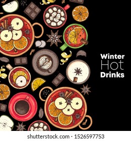 Mulled wine, winter hot drink. Hand drawn. Vector illustration. Hot drinks for design. Christmas invitation design template. Colorful collection. Christmas bar menu. Mulled wine, coffee and tea 