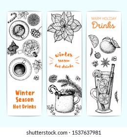 Mulled wine, winter hot drink. Hand drawn sketch. Vector illustration. Hot drinks for design. Christmas invitation design template. Banner collection. Christmas bar menu. Mulled wine, coffee and tea