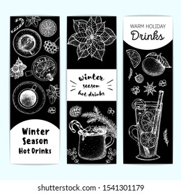 Mulled wine, winter hot drink. Hand drawn sketch. Vector illustration. Hot drinks for design. Christmas invitation design template. Banner collection. Christmas bar menu. Mulled wine, coffee and tea