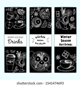 Mulled wine, winter hot drink. Hand drawn sketch. Vector illustration. Hot drinks for design. Christmas invitation design template. Banner collection. Christmas bar menu. Mulled wine, coffee and tea