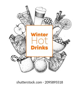 Mulled wine, winter hot drink. Hand drawn sketch. Vector illustration. Christmas invitation design template. Sketch collection. Christmas bar menu. Mulled wine, coffee and tea.