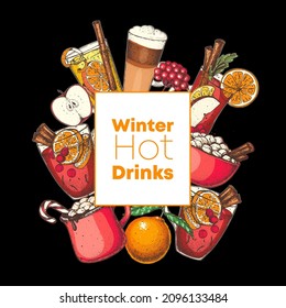 Mulled wine, winter hot drink. Hand drawn. Vector illustration. Christmas invitation design template. Christmas bar menu. Mulled wine, coffee and tea.