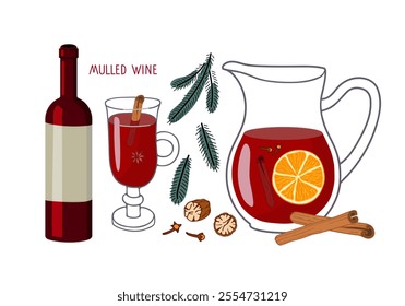 Mulled wine. Winter hot wine drink with spices isolated on white background. Glass Jar, wine bottle, drink glass. Mulled wine recipe. Orange fruit slice, cinnamon, clove, decorative fir-tree branch. 