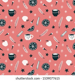 Mulled wine winter tea seamless pattern design. Christmas menu, restaurant, cafe decoration, greeting card, print, fabric, wrapping paper
