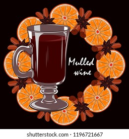 Mulled wine with a wreath of oranges and cinnamon. Vector image on a brown background.