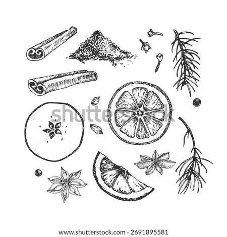 mulled wiSeamless Christmas hand-drawn vector pattern with mulled wine ingredients: cinnamon, anise, dried apple and orange, cloves, cardamom and fir branches. 