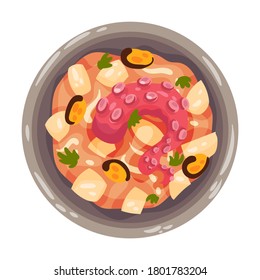 Mulligan Stew Or Boiled Dinner With Seafood And Vegetables As Portuguese Dish View From Above Vector Illustration