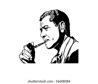 Mulling It Over - Fellow Smoking Pipe - Retro Clip Art